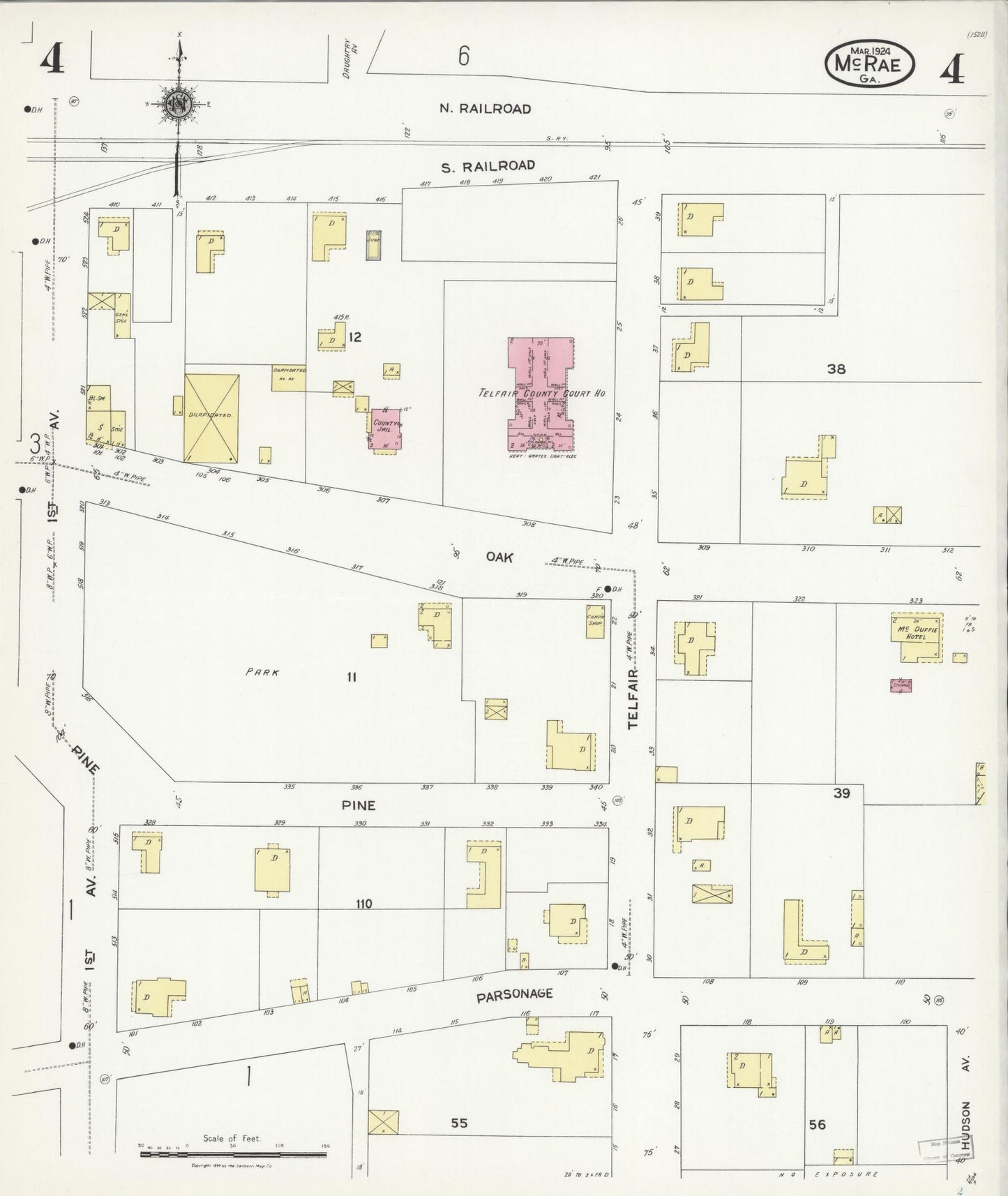Sanborn Fire Insurance Map from Mcrae, Telfair County, Georgia (1924), Sheet #0004 - Historic Sanborn Fire Insurance Map Print, vintage old map wall art, antique decor, genealogy gift, Georgia Georgia map