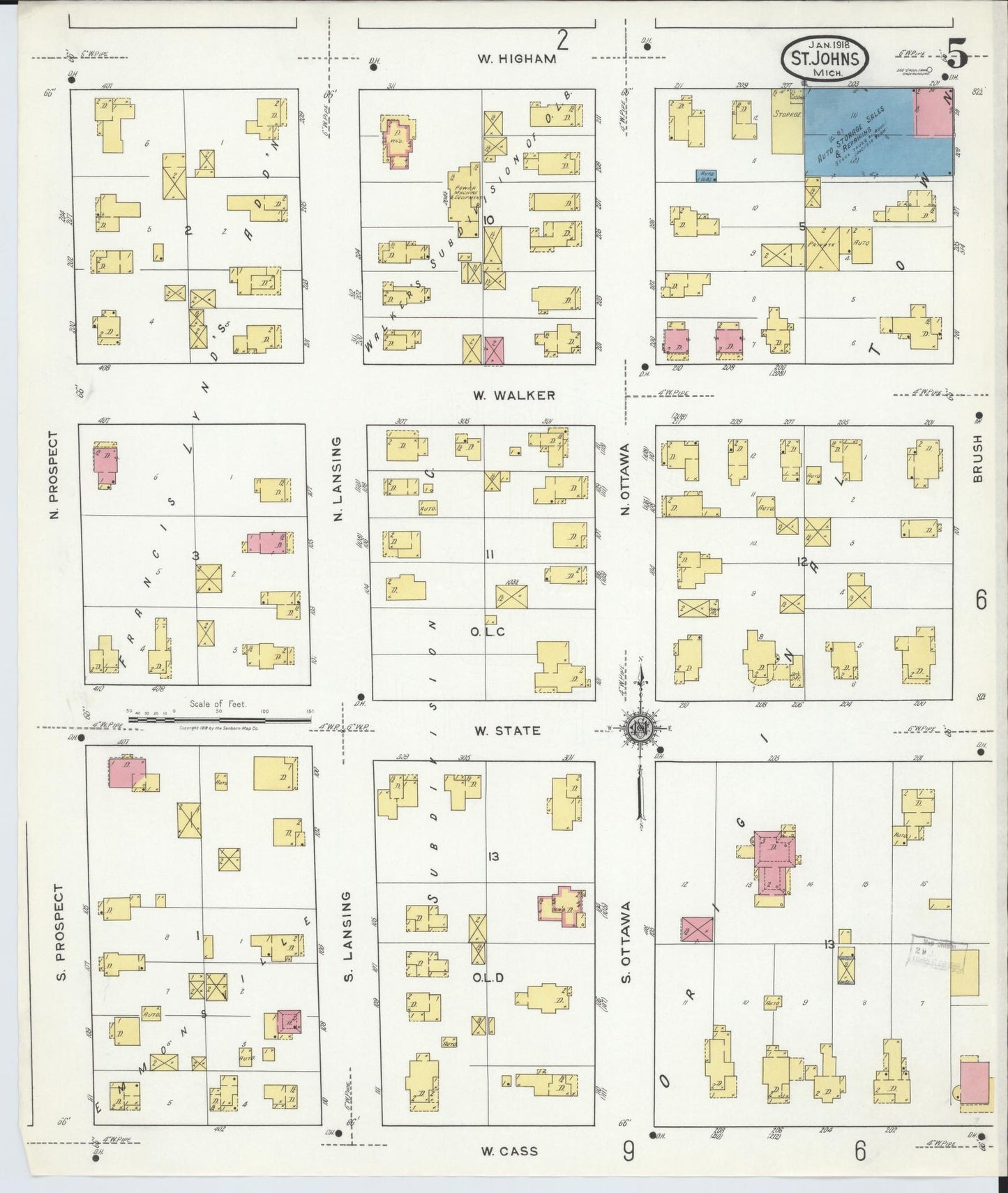 Sanborn Fire Insurance Map from Saint Johns, Clinton County, Michigan (1918), Sheet #0005 - Complete Map Set gallery image, historic Sanborn map, vintage wall art, Michigan Michigan