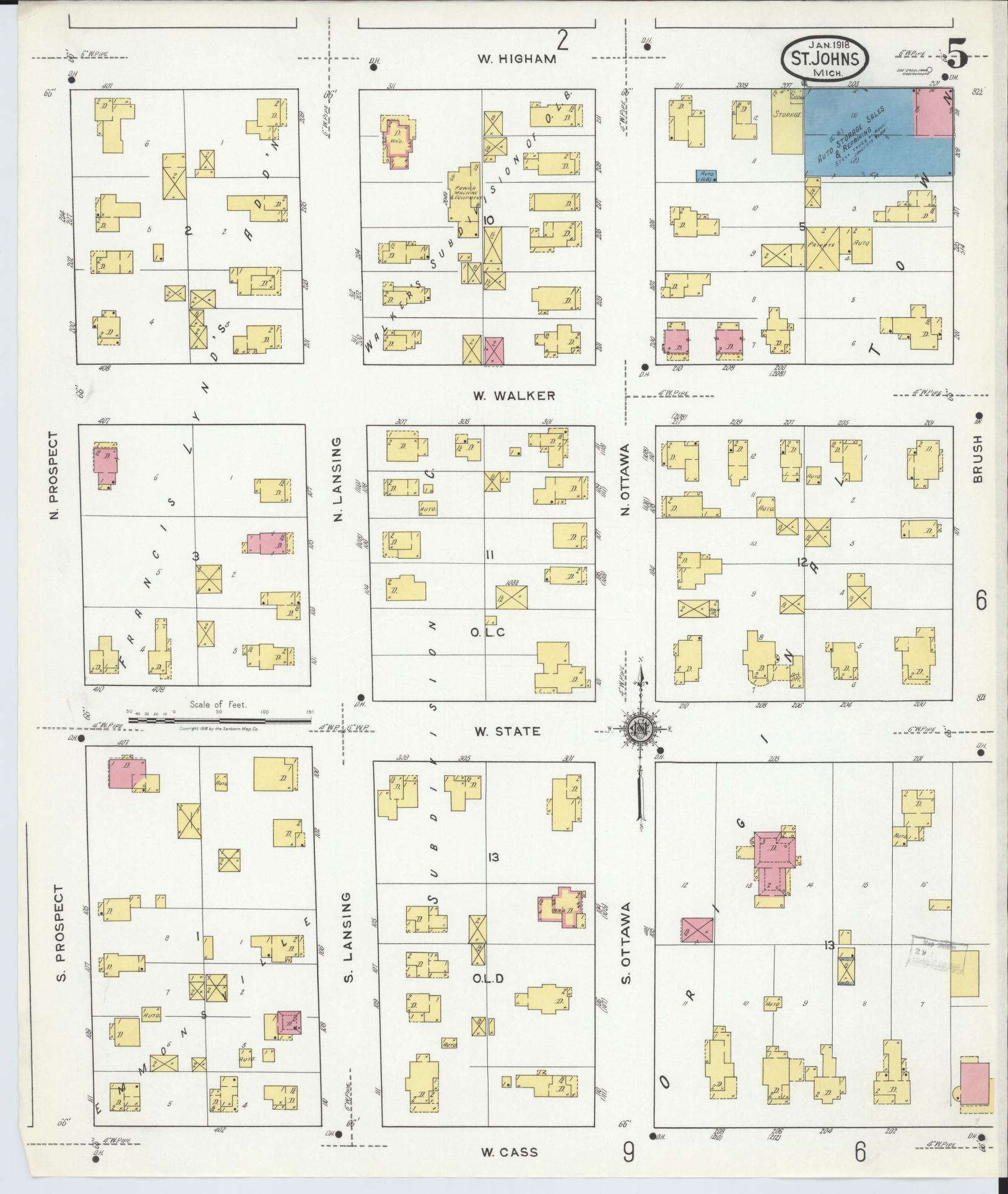 Sanborn Fire Insurance Map from Saint Johns, Clinton County, Michigan (1918), Sheet #0005 - Complete Map Set gallery image, historic Sanborn map, vintage wall art, Michigan Michigan