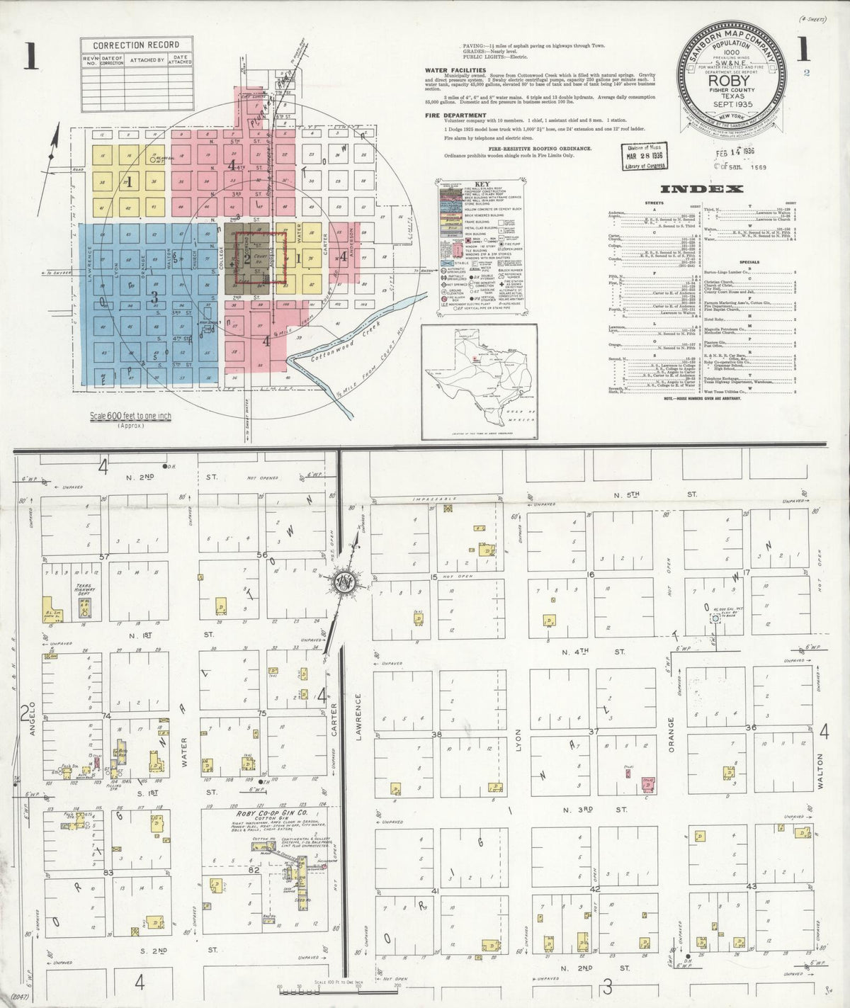 Sanborn Fire Insurance Map from Roby, Fisher County, Texas (1935), Sheet #0001 - Complete Map Set gallery image, historic Sanborn map, vintage wall art, Texas Texas