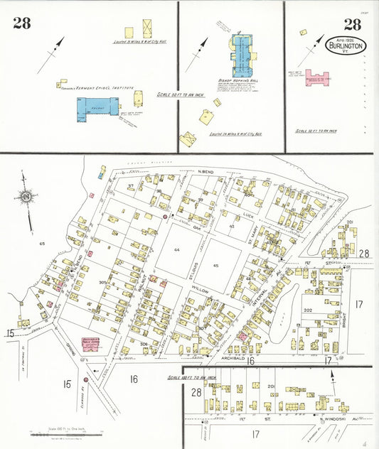 Sanborn Fire Insurance Map from Burlington, Chittenden County, Vermont (1926), Sheet #0028 - Historic Sanborn Fire Insurance Map Print, vintage old map wall art, antique decor, genealogy gift, Vermont Vermont map
