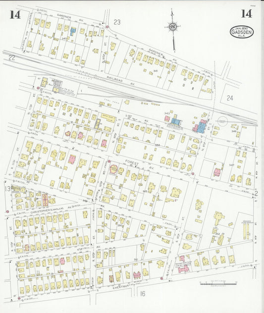 Sanborn Fire Insurance Map from Gadsden, Etowah County, Alabama (1930), Sheet #0014 - Historic Sanborn Fire Insurance Map Print, vintage old map wall art, antique decor, genealogy gift, Alabama Alabama map