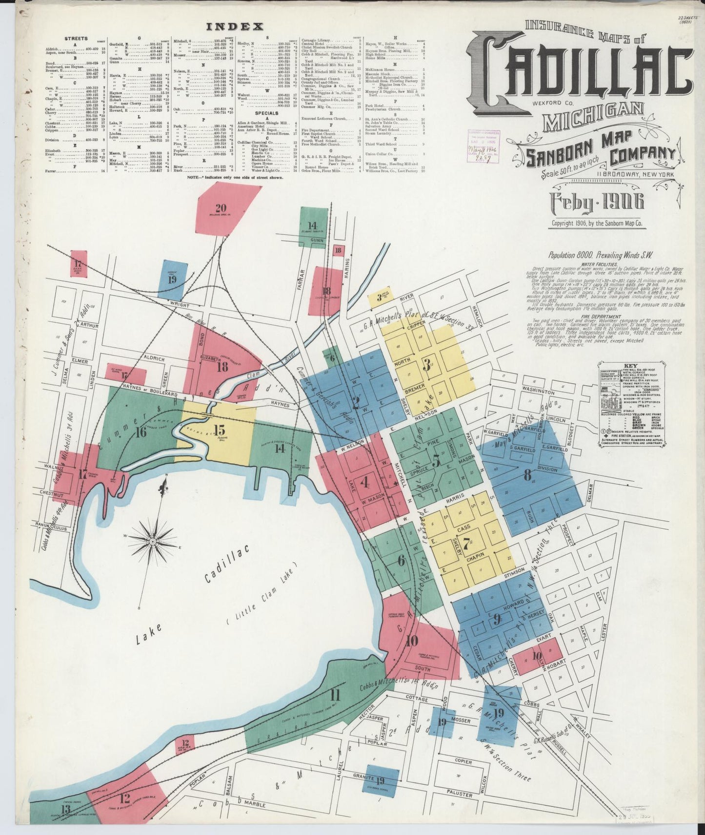 Sanborn Fire Insurance Map from Cadillac, Wexford County, Michigan (1906), Sheet #0001 - Historic Sanborn Fire Insurance Map Print, vintage old map wall art, antique decor, genealogy gift, Michigan Michigan map