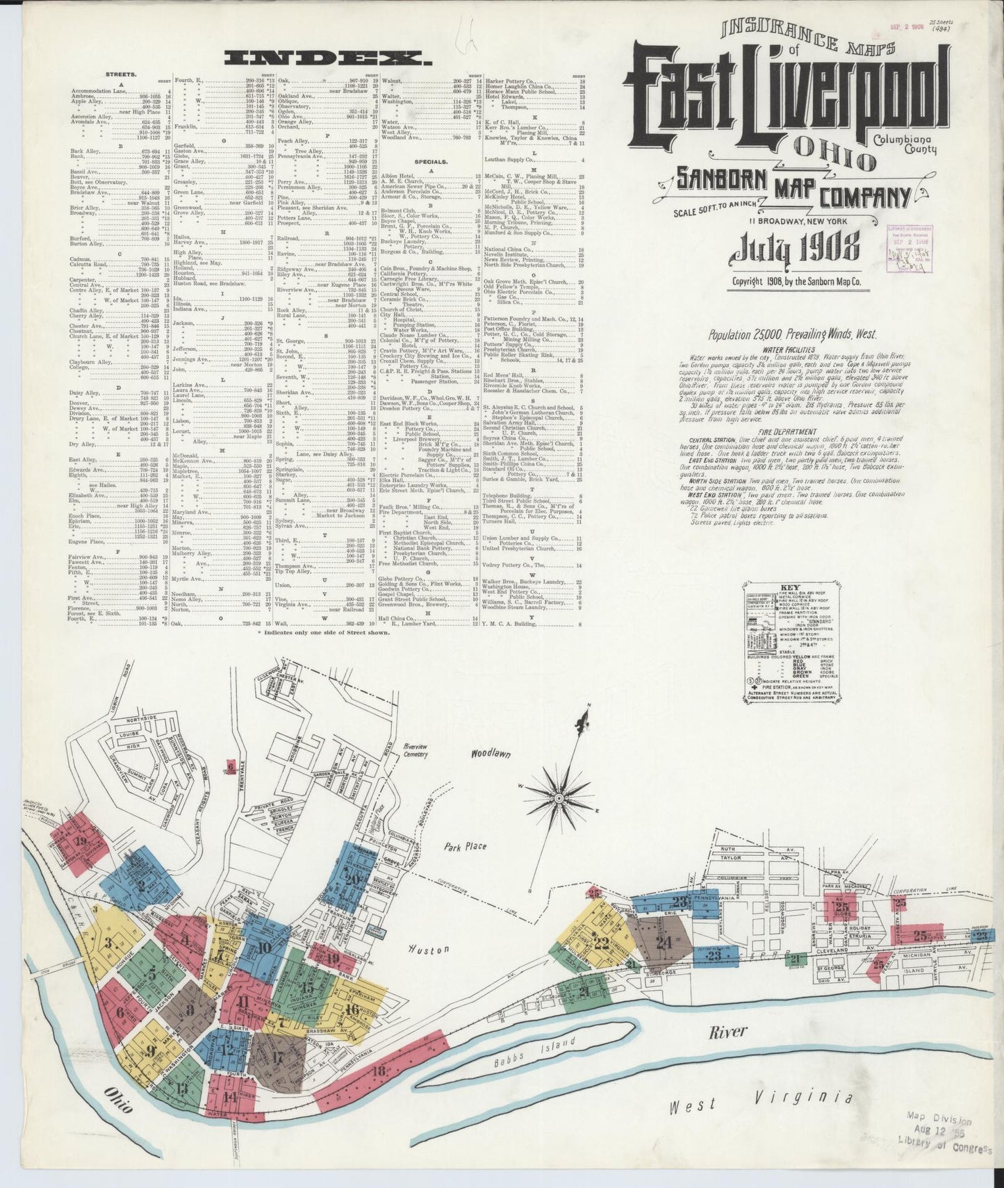 Sanborn Fire Insurance Map from East Liverpool, Columbiana County, Ohio (1908), Sheet #0001 - Historic Sanborn Fire Insurance Map Print, vintage old map wall art, antique decor, genealogy gift, Ohio Ohio map