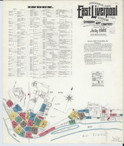 Sanborn Fire Insurance Map from East Liverpool, Columbiana County, Ohio (1908), Sheet #0001 - Historic Sanborn Fire Insurance Map Print, vintage old map wall art, antique decor, genealogy gift, Ohio Ohio map