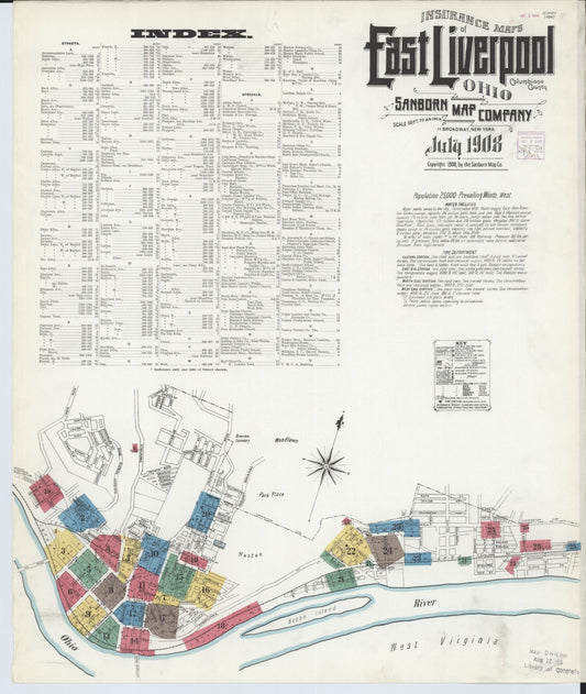 Sanborn Fire Insurance Map from East Liverpool, Columbiana County, Ohio (1908), Sheet #0001 - Historic Sanborn Fire Insurance Map Print, vintage old map wall art, antique decor, genealogy gift, Ohio Ohio map