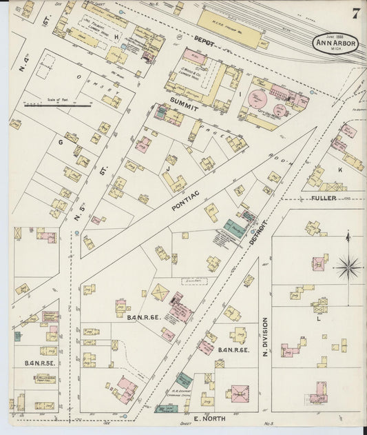 Sanborn Fire Insurance Map from Ann Arbor, Washtenaw County, Michigan (1888), Sheet #0007 - Historic Sanborn Fire Insurance Map Print, vintage old map wall art, antique decor, genealogy gift, Michigan Michigan map