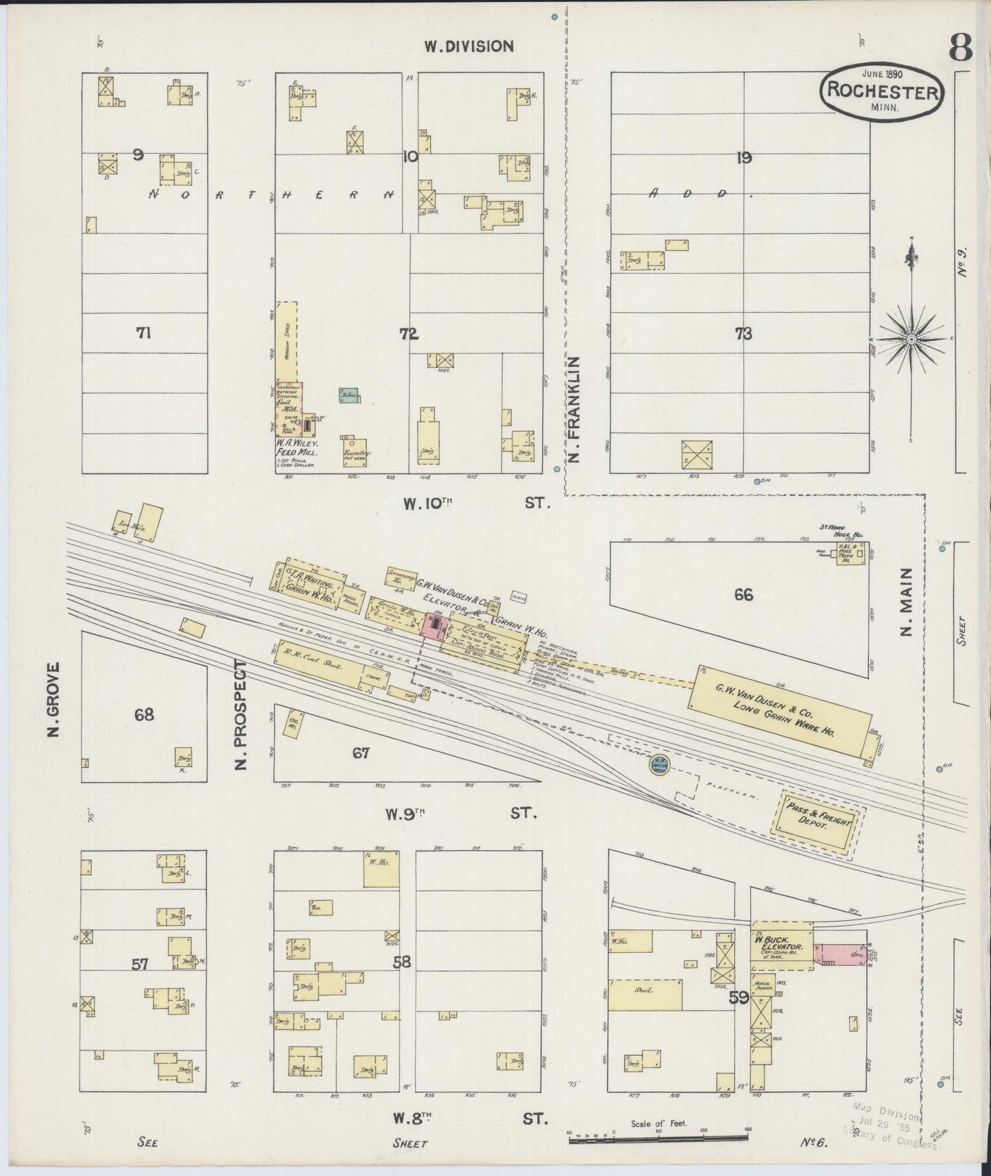 Sanborn Fire Insurance Map from Rochester, Olmsted County, Minnesota (1890), Sheet #0008 - Historic Sanborn Fire Insurance Map Print, vintage old map wall art, antique decor, genealogy gift, Minnesota Minnesota map