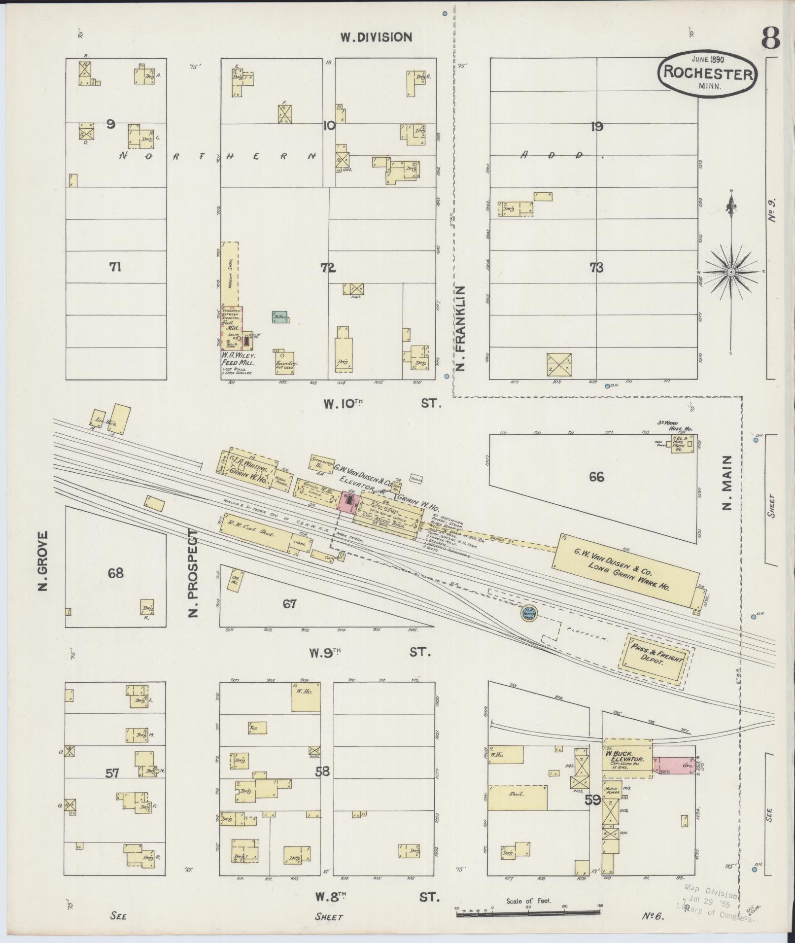 Sanborn Fire Insurance Map from Rochester, Olmsted County, Minnesota (1890), Sheet #0008 - Historic Sanborn Fire Insurance Map Print, vintage old map wall art, antique decor, genealogy gift, Minnesota Minnesota map