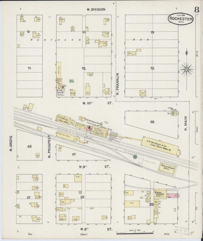 Sanborn Fire Insurance Map from Rochester, Olmsted County, Minnesota (1890), Sheet #0008 - Historic Sanborn Fire Insurance Map Print, vintage old map wall art, antique decor, genealogy gift, Minnesota Minnesota map