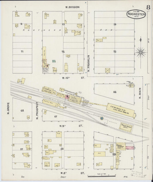 Sanborn Fire Insurance Map from Rochester, Olmsted County, Minnesota (1890), Sheet #0008 - Historic Sanborn Fire Insurance Map Print, vintage old map wall art, antique decor, genealogy gift, Minnesota Minnesota map