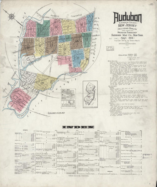 Sanborn Fire Insurance Map from Audubon, Camden County, New Jersey (1924), Sheet #0001 - Historic Sanborn Fire Insurance Map Print, vintage old map wall art, antique decor, genealogy gift, New Jersey New Jersey map