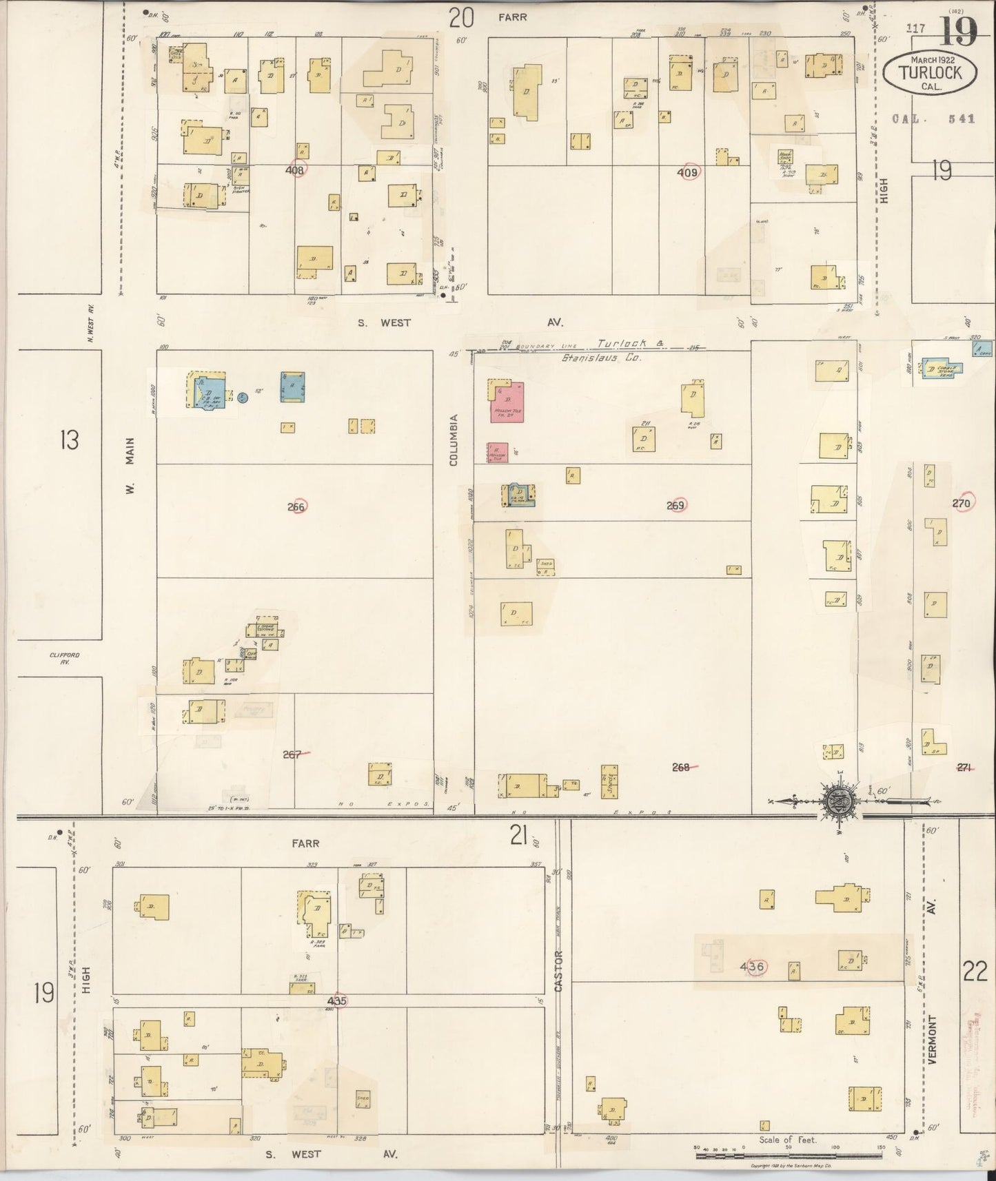 Sanborn Fire Insurance Map from Turlock, Stanislaus County, California (1943), Sheet #0019 - Complete Map Set gallery image, historic Sanborn map, vintage wall art, California California