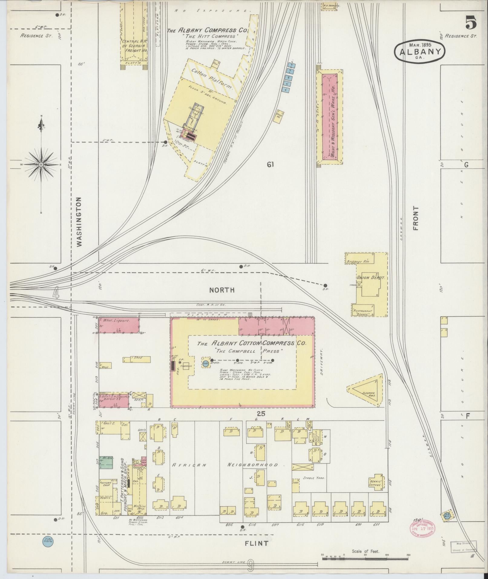Sanborn Fire Insurance Map from Albany, Dougherty County, Georgia (1895), Sheet #0005 - Historic Sanborn Fire Insurance Map Print, vintage old map wall art, antique decor, genealogy gift, Georgia Georgia map