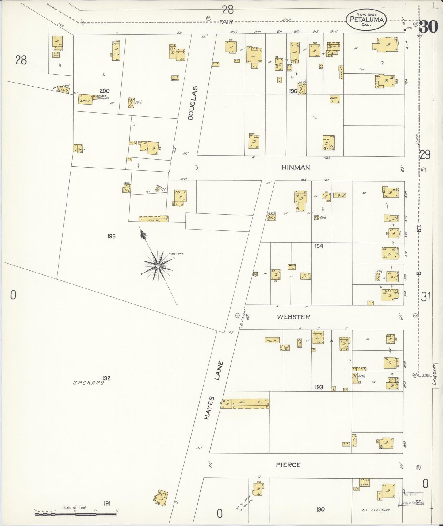 Sanborn Fire Insurance Map from Petaluma, Sonoma County, California (1906), Sheet #0030 - Complete Map Set gallery image, historic Sanborn map, vintage wall art, California California