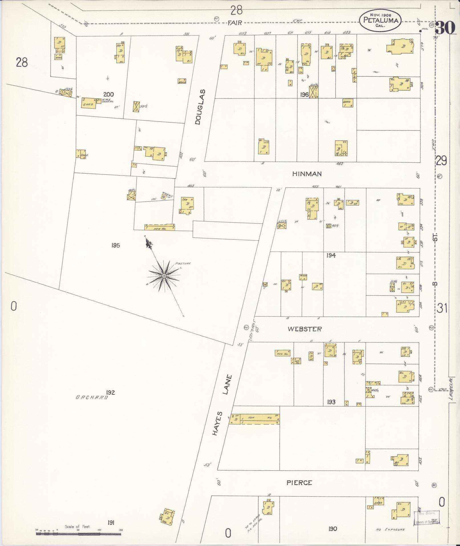 Sanborn Fire Insurance Map from Petaluma, Sonoma County, California (1906), Sheet #0030 - Complete Map Set gallery image, historic Sanborn map, vintage wall art, California California