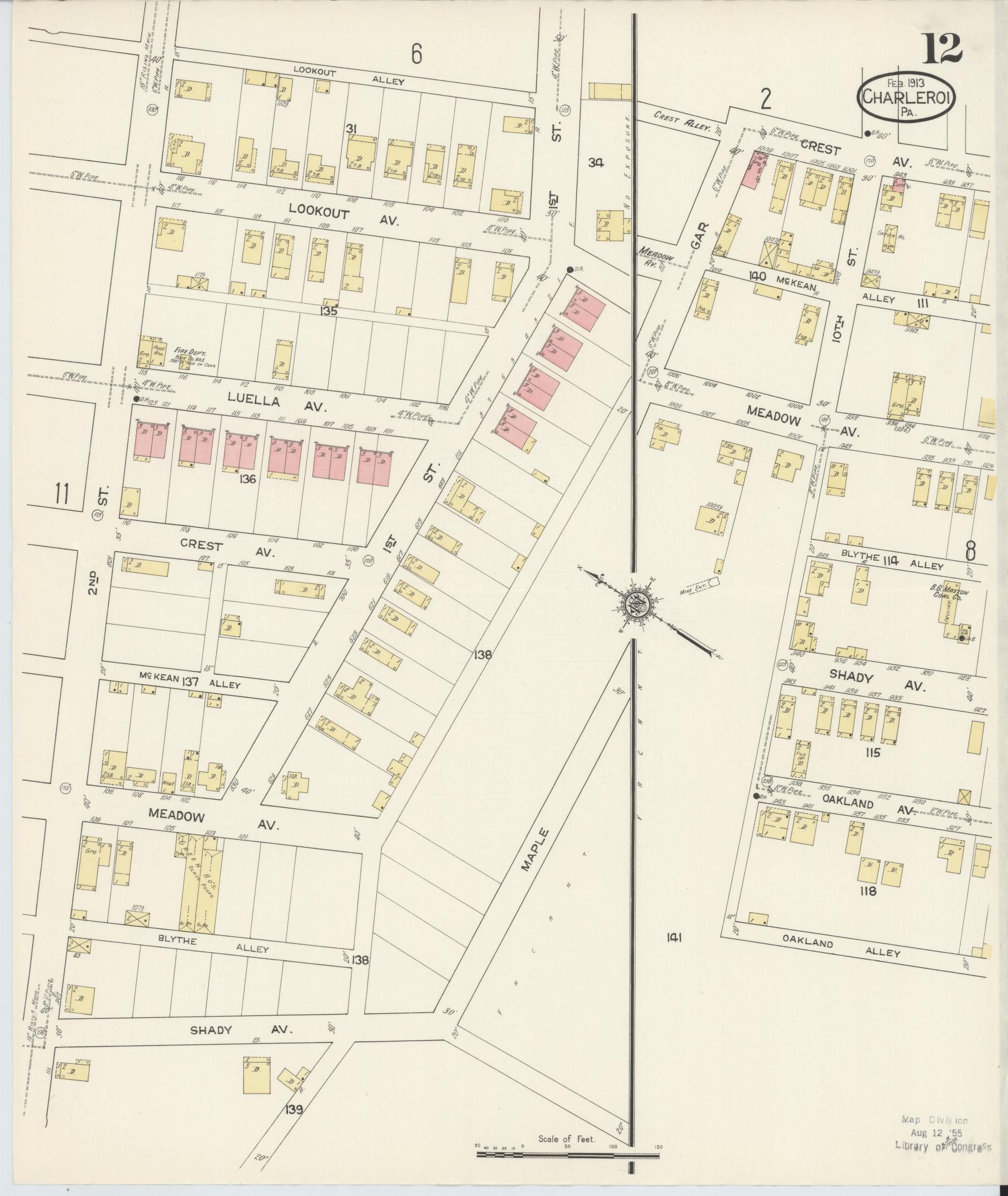 Sanborn Fire Insurance Map from Charleroi, Washington County, Pennsylvania (1913), Sheet #0012 - Historic Sanborn Fire Insurance Map Print, vintage old map wall art, antique decor, genealogy gift, Pennsylvania Pennsylvania map