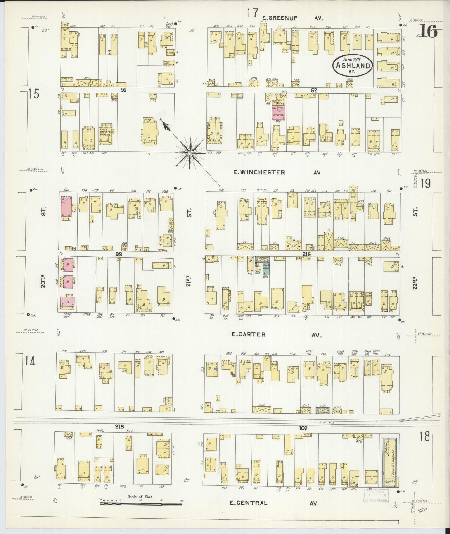 Sanborn Fire Insurance Map from Ashland, Boyd County, Kentucky (1907), Sheet #0016 - Historic Sanborn Fire Insurance Map Print, vintage old map wall art, antique decor, genealogy gift, Kentucky Kentucky map