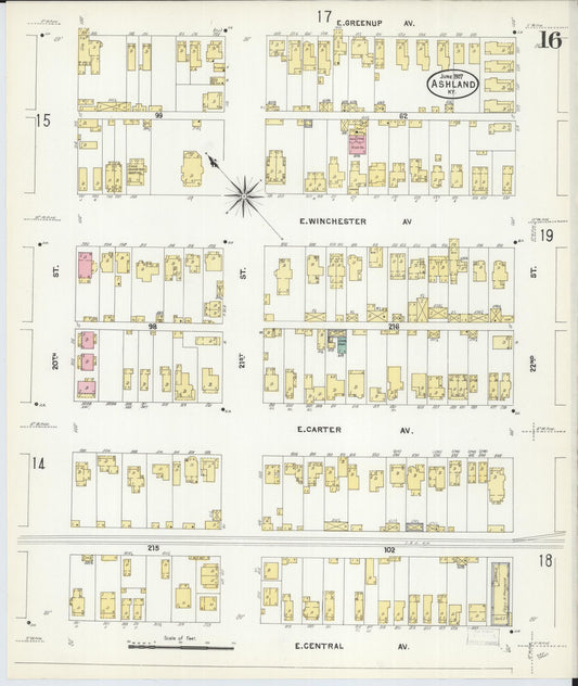 Sanborn Fire Insurance Map from Ashland, Boyd County, Kentucky (1907), Sheet #0016 - Historic Sanborn Fire Insurance Map Print, vintage old map wall art, antique decor, genealogy gift, Kentucky Kentucky map