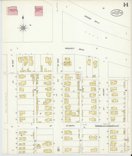 Sanborn Fire Insurance Map from Decatur, Morgan County, Alabama (1908), Sheet #0014 - Historic Sanborn Fire Insurance Map Print, vintage old map wall art, antique decor, genealogy gift, Alabama Alabama map