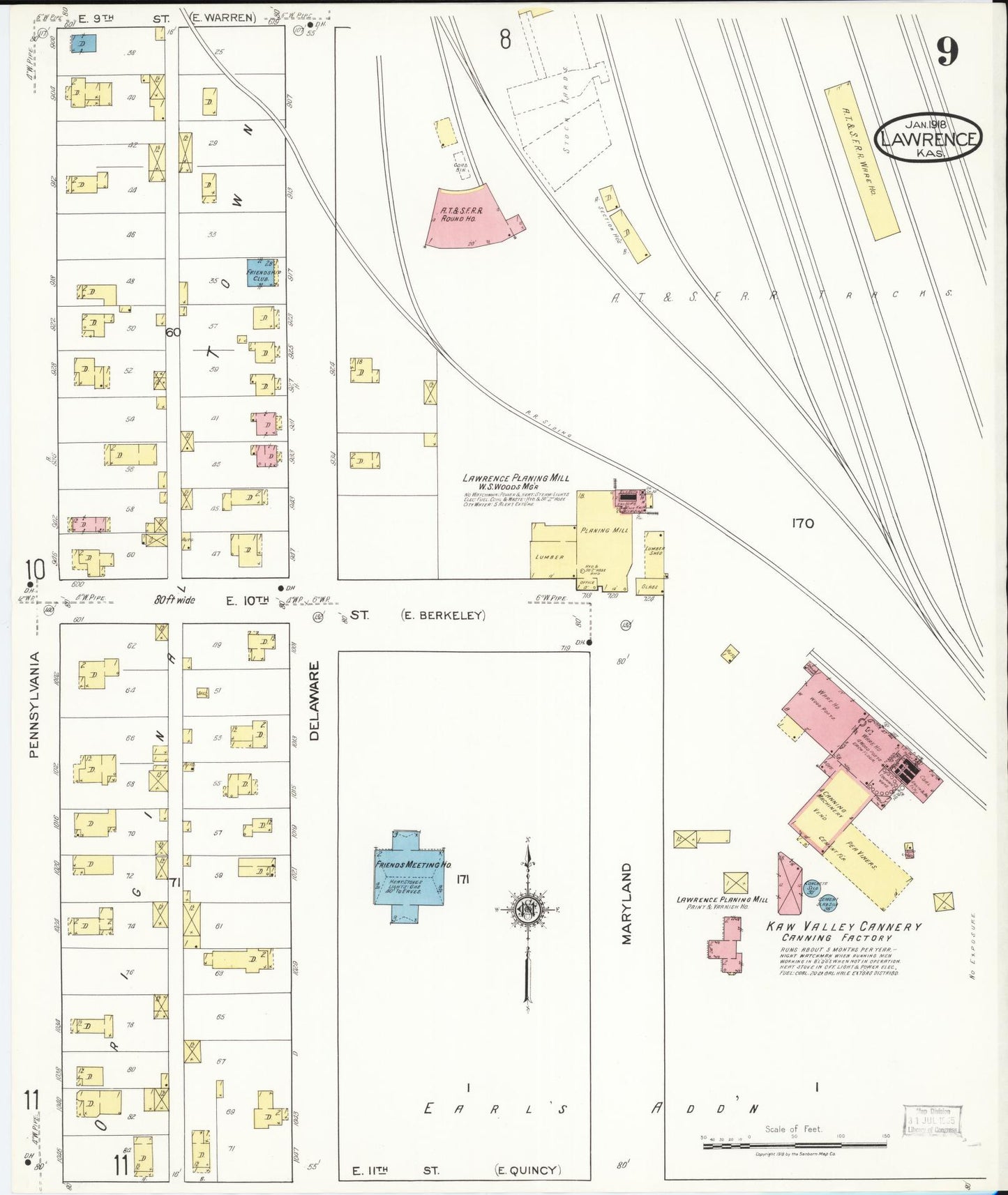 Sanborn Fire Insurance Map from Lawrence, Douglas County, Kansas (1918), Sheet #0009 - Historic Sanborn Fire Insurance Map Print, vintage old map wall art, antique decor, genealogy gift, Kansas Kansas map