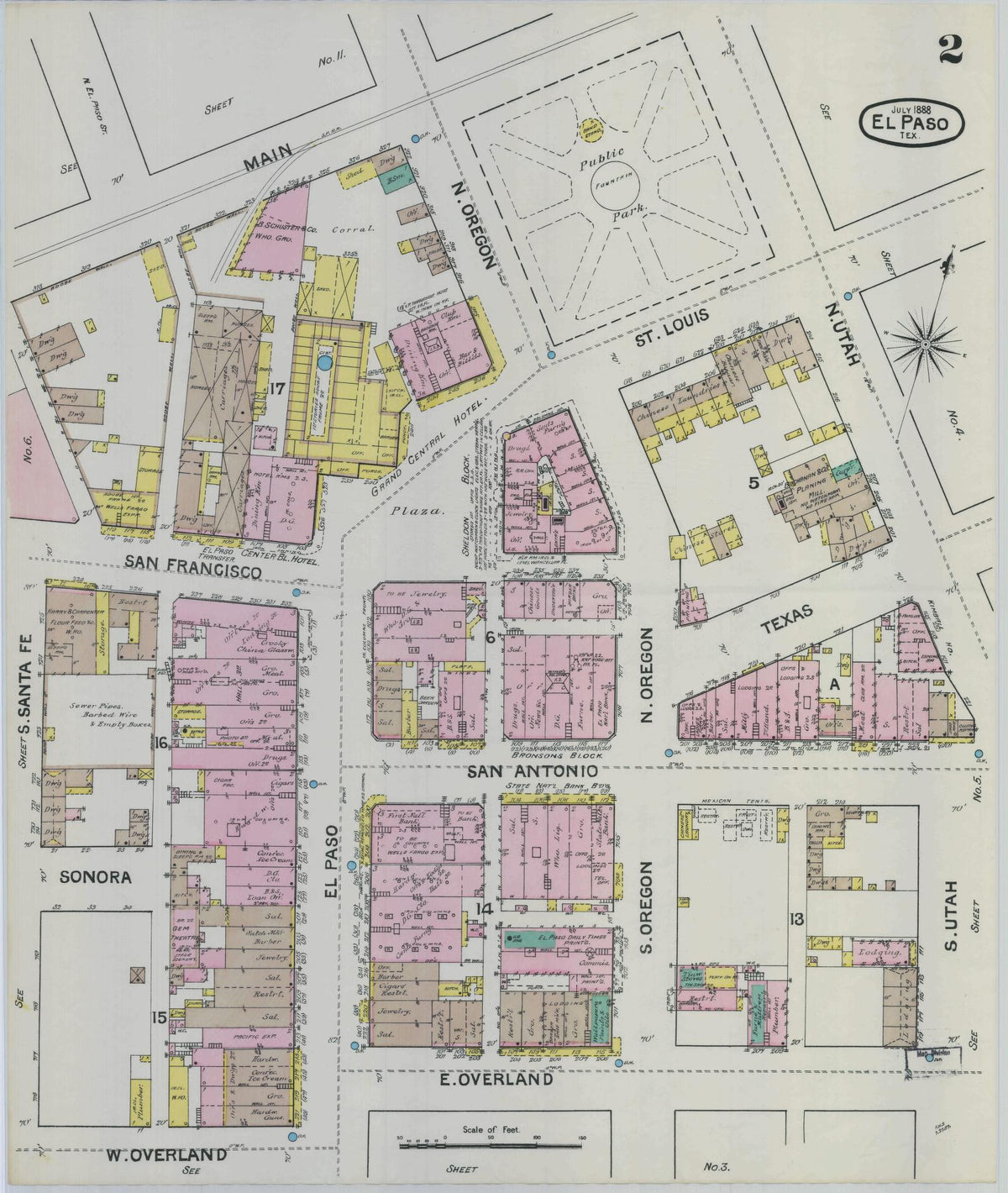 Sanborn Fire Insurance Map from El Paso, El Paso County, Texas (1888), Sheet #0002 - Historic Sanborn Fire Insurance Map Print, vintage old map wall art, antique decor, genealogy gift, Texas Texas map