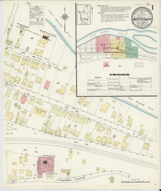 Sanborn Fire Insurance Map from Montgomery, Fayette County, West Virginia (1913), Sheet #0001 - Historic Sanborn Fire Insurance Map Print, vintage old map wall art, antique decor, genealogy gift, West Virginia West Virginia map
