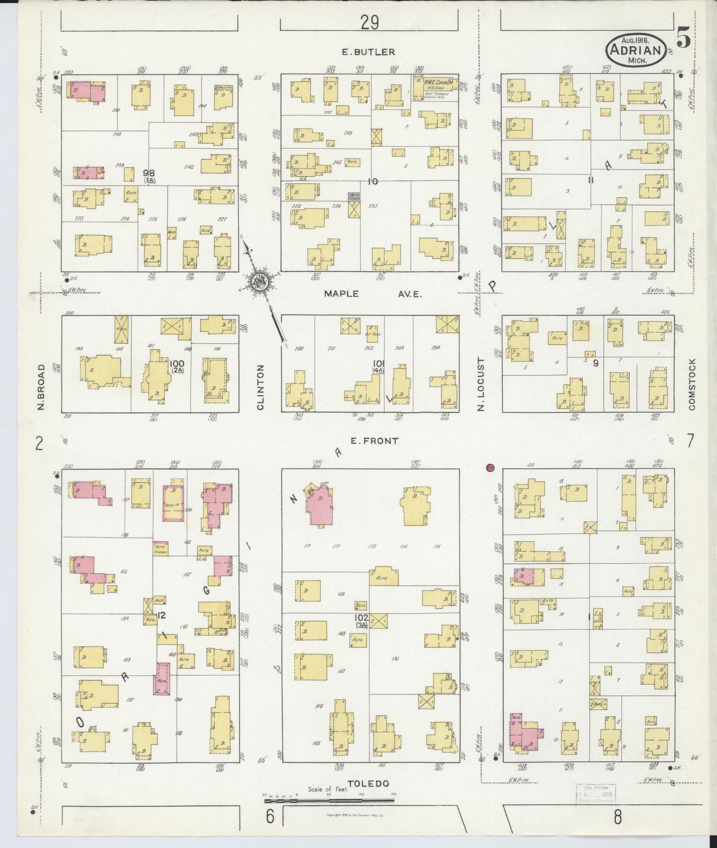 Sanborn Fire Insurance Map from Adrian, Lenawee County, Michigan (1916), Sheet #0005 - Complete Map Set gallery image, historic Sanborn map, vintage wall art, Michigan Michigan
