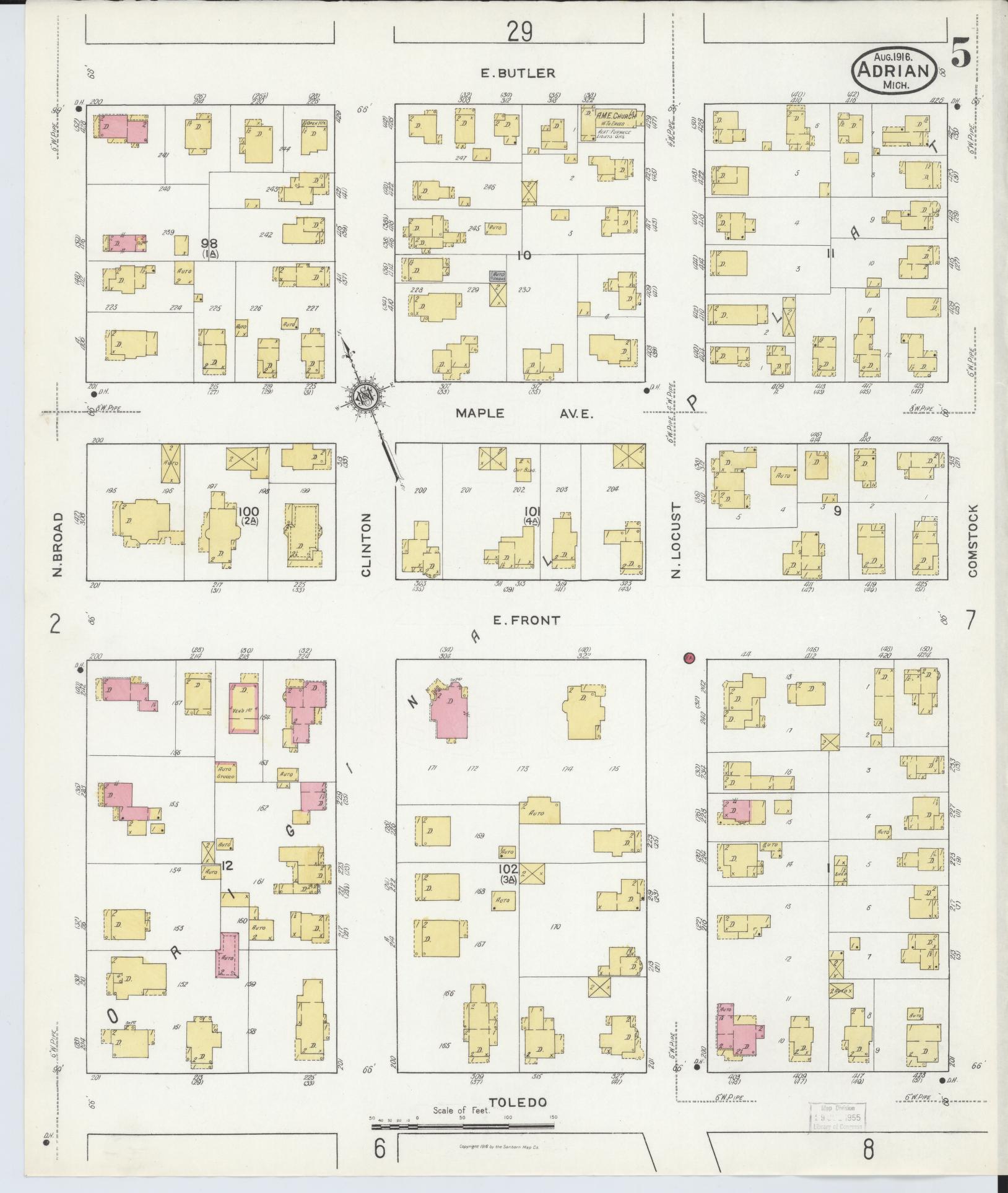 Sanborn Fire Insurance Map from Adrian, Lenawee County, Michigan (1916), Sheet #0005 - Complete Map Set gallery image, historic Sanborn map, vintage wall art, Michigan Michigan