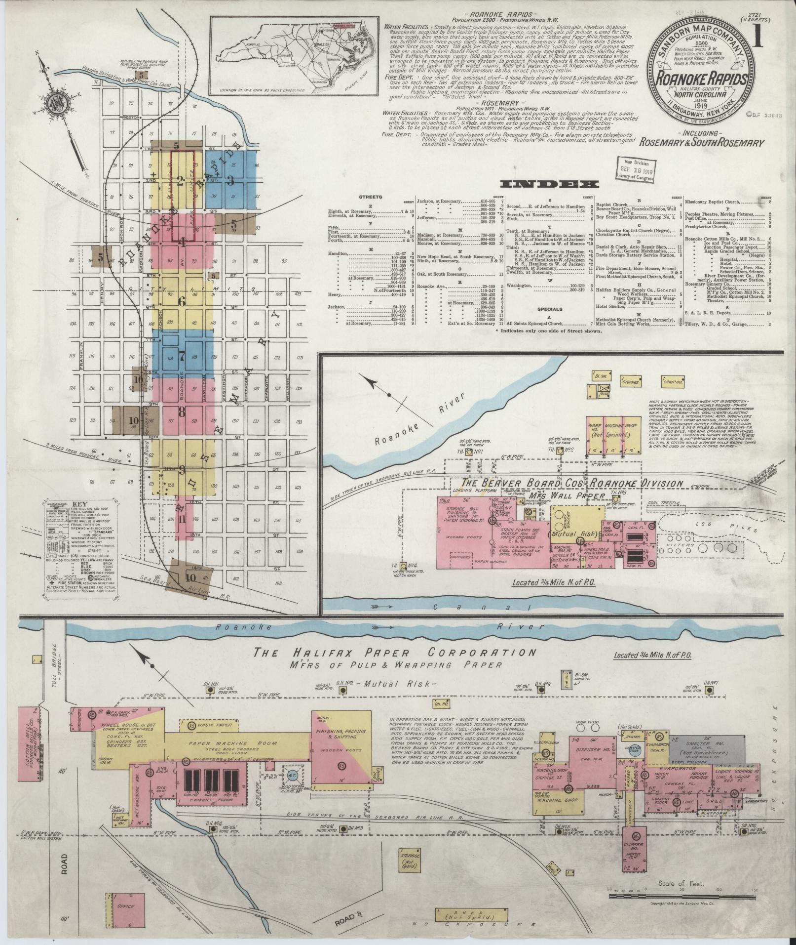 Sanborn Fire Insurance Map from Roanoke Rapids, Halifax County, North Carolina (1919), Sheet #0001 - Complete Map Set gallery image, historic Sanborn map, vintage wall art, North Carolina North Carolina