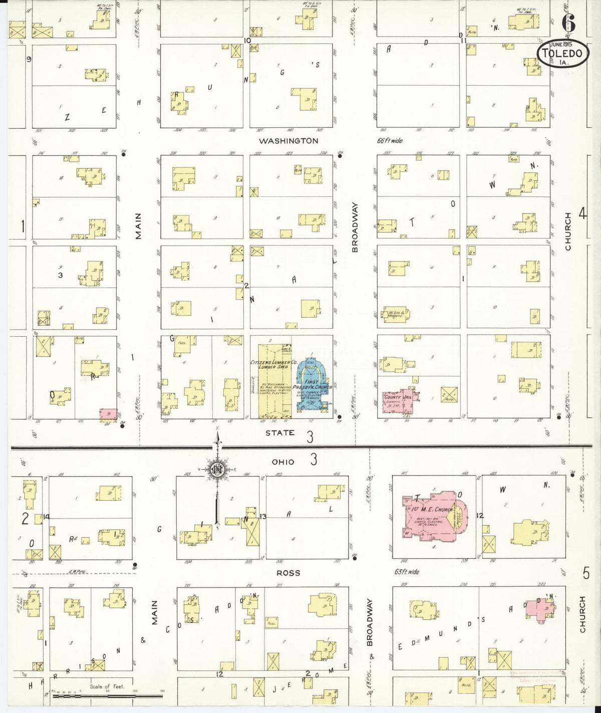 Sanborn Fire Insurance Map from Toledo, Tama County, Iowa (1915), Sheet #0006 - Historic Sanborn Fire Insurance Map Print, vintage old map wall art