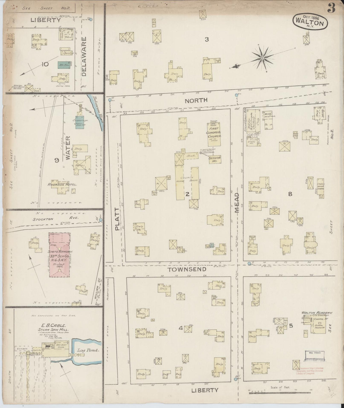Sanborn Fire Insurance Map from Walton, Delaware County, New York (1886), Sheet #0003 - Complete Map Set gallery image, historic Sanborn map, vintage wall art, New York New York