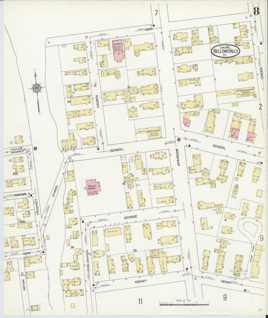 Sanborn Fire Insurance Map from Bellows Falls, Windham County, Vermont (1912), Sheet #0008 - Historic Sanborn Fire Insurance Map Print, vintage old map wall art, antique decor, genealogy gift, Vermont Vermont map