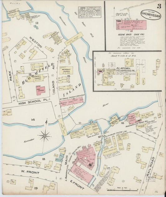 Sanborn Fire Insurance Map from Skowhegan, Somerset County, Maine (1884), Sheet #0003 - Historic Sanborn Fire Insurance Map Print, vintage old map wall art, antique decor, genealogy gift, Maine Maine map