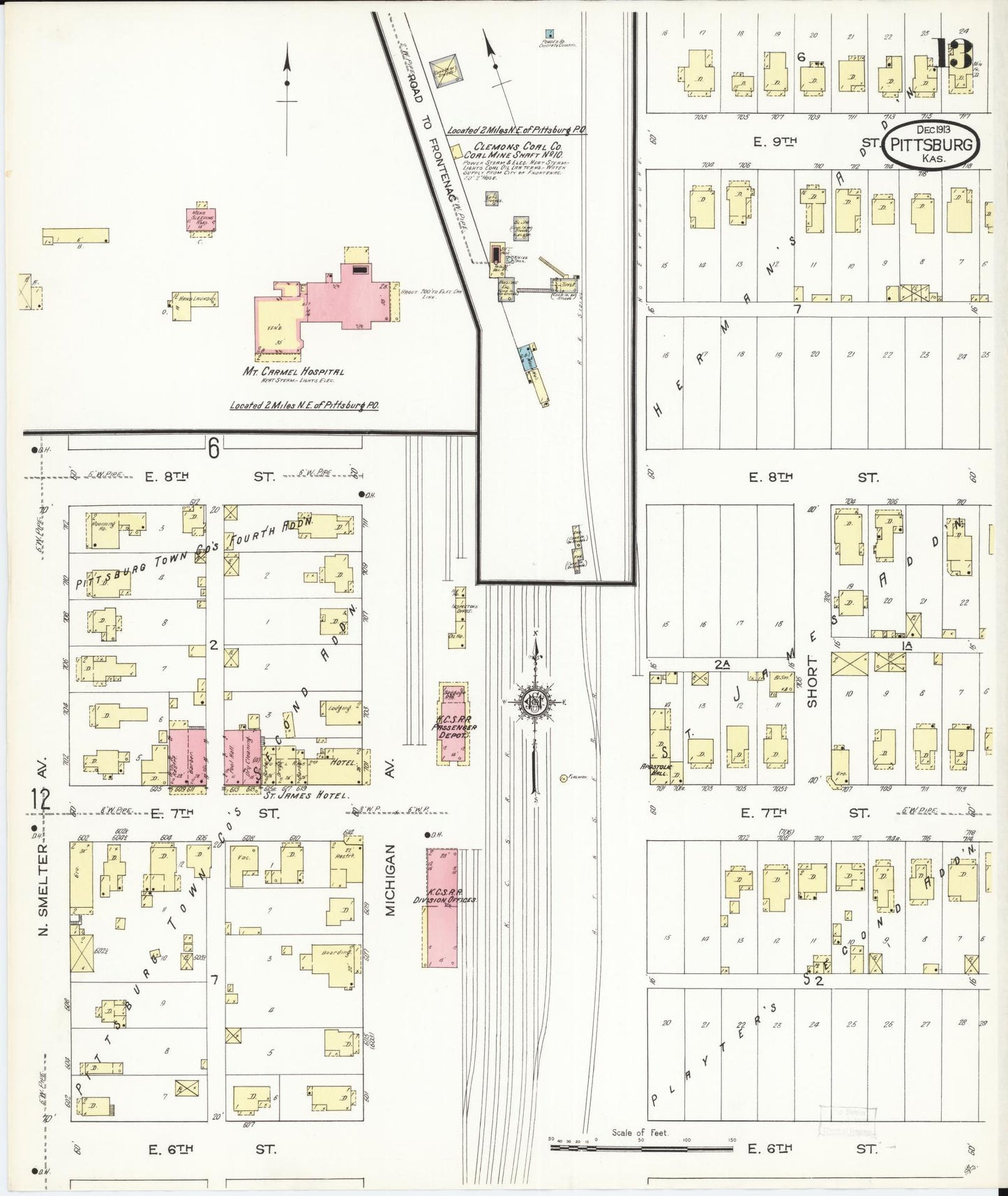 Sanborn Fire Insurance Map from Pittsburg, Crawford County, Kansas (1913), Sheet #0013 - Historic Sanborn Fire Insurance Map Print, vintage old map wall art, antique decor, genealogy gift, Kansas Kansas map