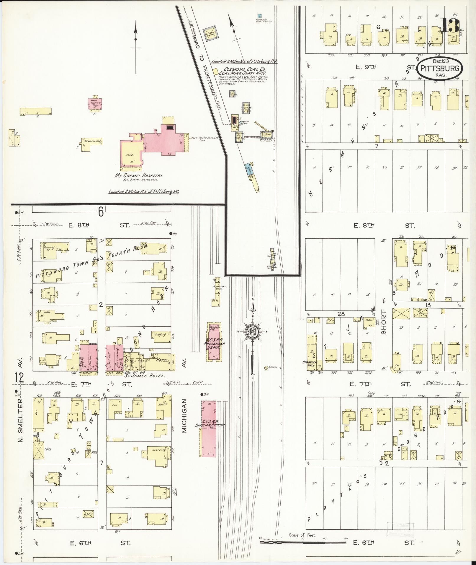 Sanborn Fire Insurance Map from Pittsburg, Crawford County, Kansas (1913), Sheet #0013 - Historic Sanborn Fire Insurance Map Print, vintage old map wall art, antique decor, genealogy gift, Kansas Kansas map