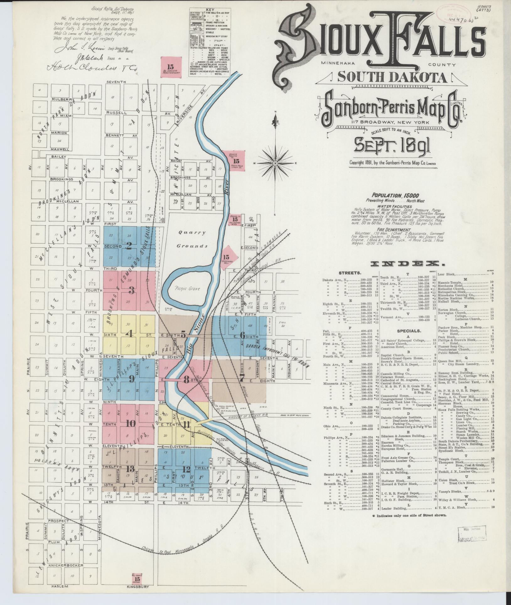 Sanborn Fire Insurance Map from Sioux Falls, Minnehaha County, South Dakota (1891), Sheet #0001 - Complete Map Set gallery image, historic Sanborn map, vintage wall art, South Dakota South Dakota