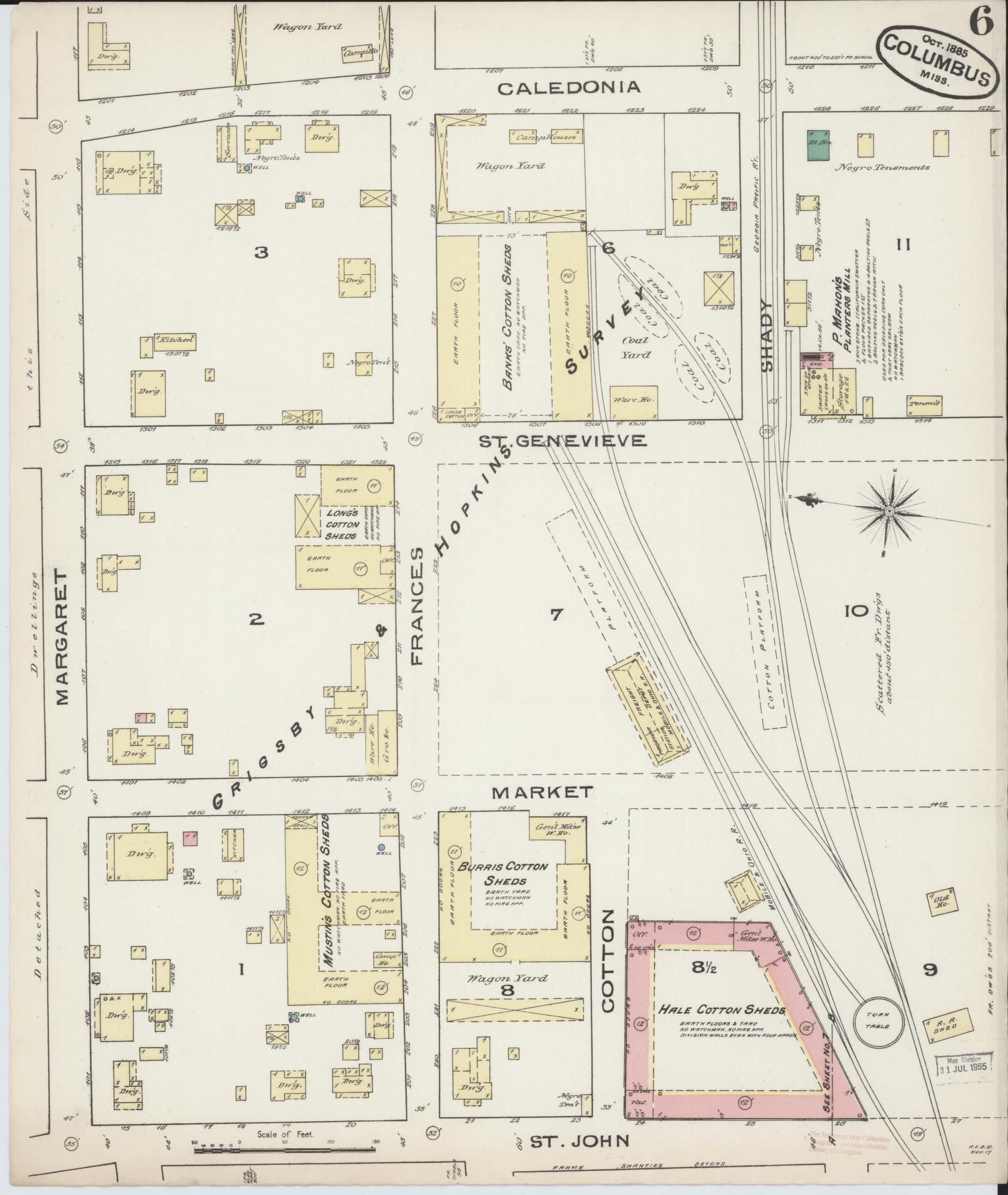 Sanborn Fire Insurance Map from Columbus, Lowndes County, Mississippi (1885), Sheet #0006 - Complete Map Set gallery image, historic Sanborn map, vintage wall art, Mississippi Mississippi