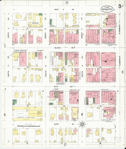 Sanborn Fire Insurance Map from Oskaloosa, Mahaska County, Iowa (1902), Sheet #0005 - Historic Sanborn Fire Insurance Map Print, vintage old map wall art