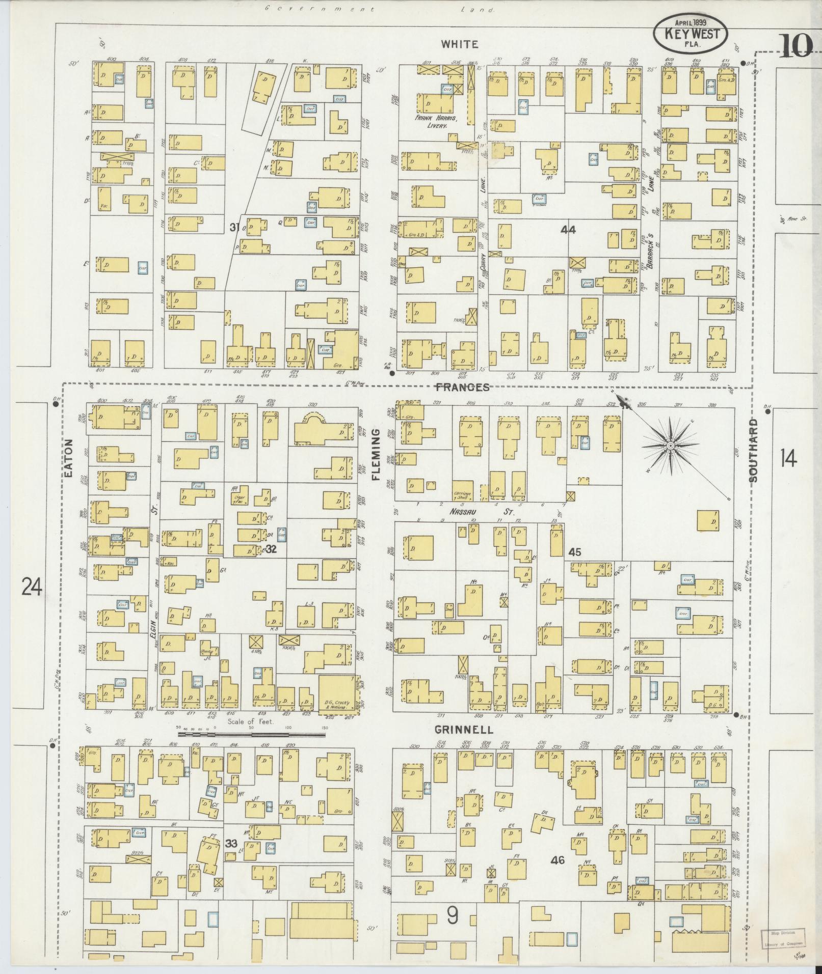 Sanborn Fire Insurance Map from Key West, Monroe County, Florida (1899), Sheet #0010 - Historic Sanborn Fire Insurance Map Print, vintage old map wall art, antique decor, genealogy gift, Florida Florida map