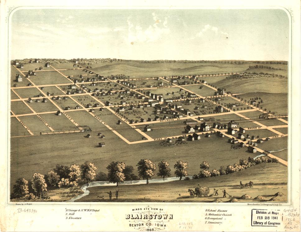 Bird's eye view of Blairstown, Benton Co., Iowa 1868. (1868) – Historic Bird’s-Eye View Panorama Print
