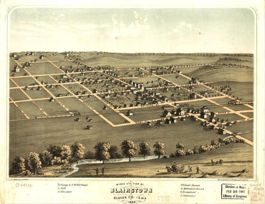 Bird's eye view of Blairstown, Benton Co., Iowa 1868. (1868) – Historic Bird’s-Eye View Panorama Print