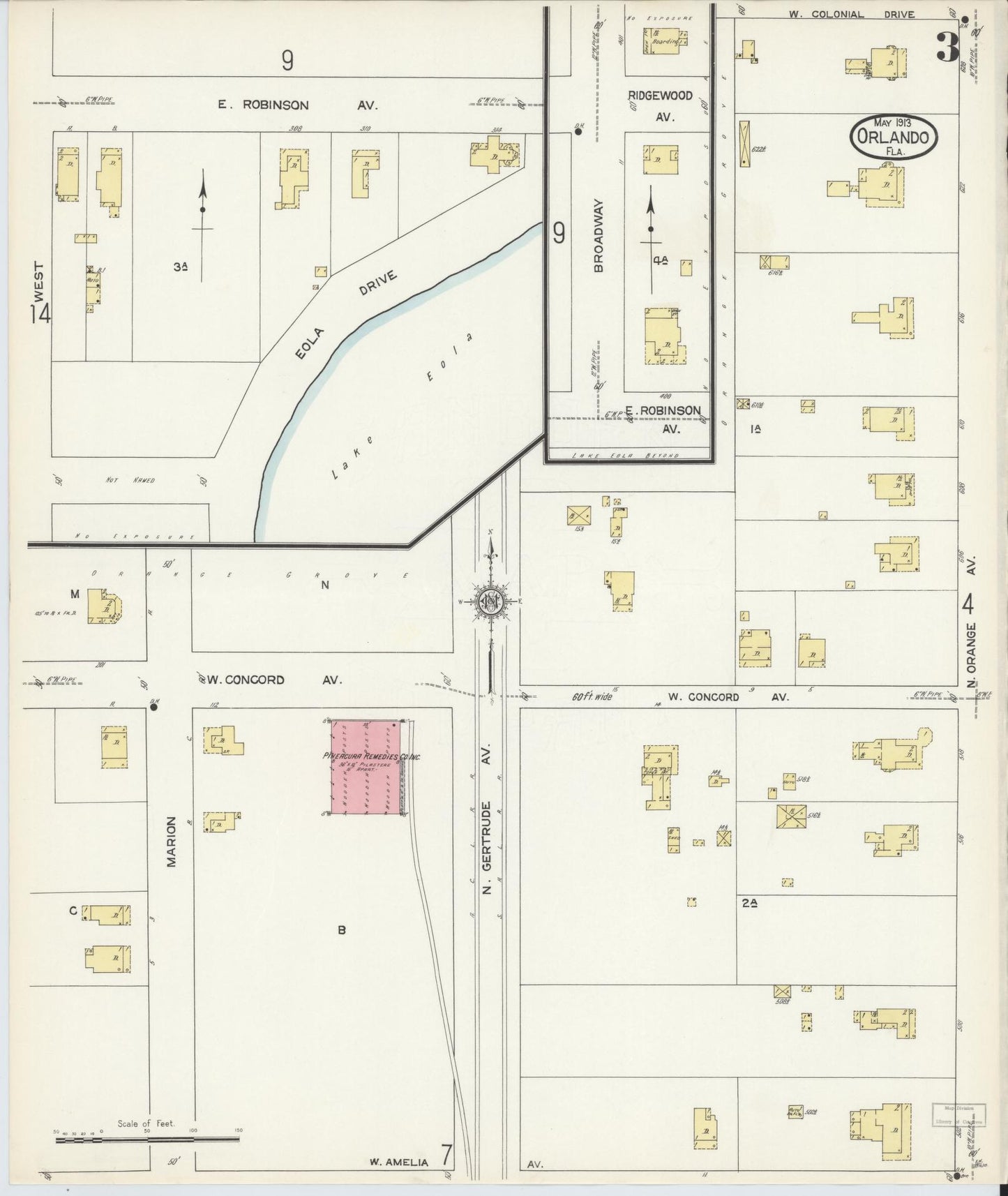 Sanborn Fire Insurance Map from Orlando, Orange County, Florida (1913), Sheet #0003 - Historic Sanborn Fire Insurance Map Print, vintage old map wall art, antique decor, genealogy gift, Florida Florida map