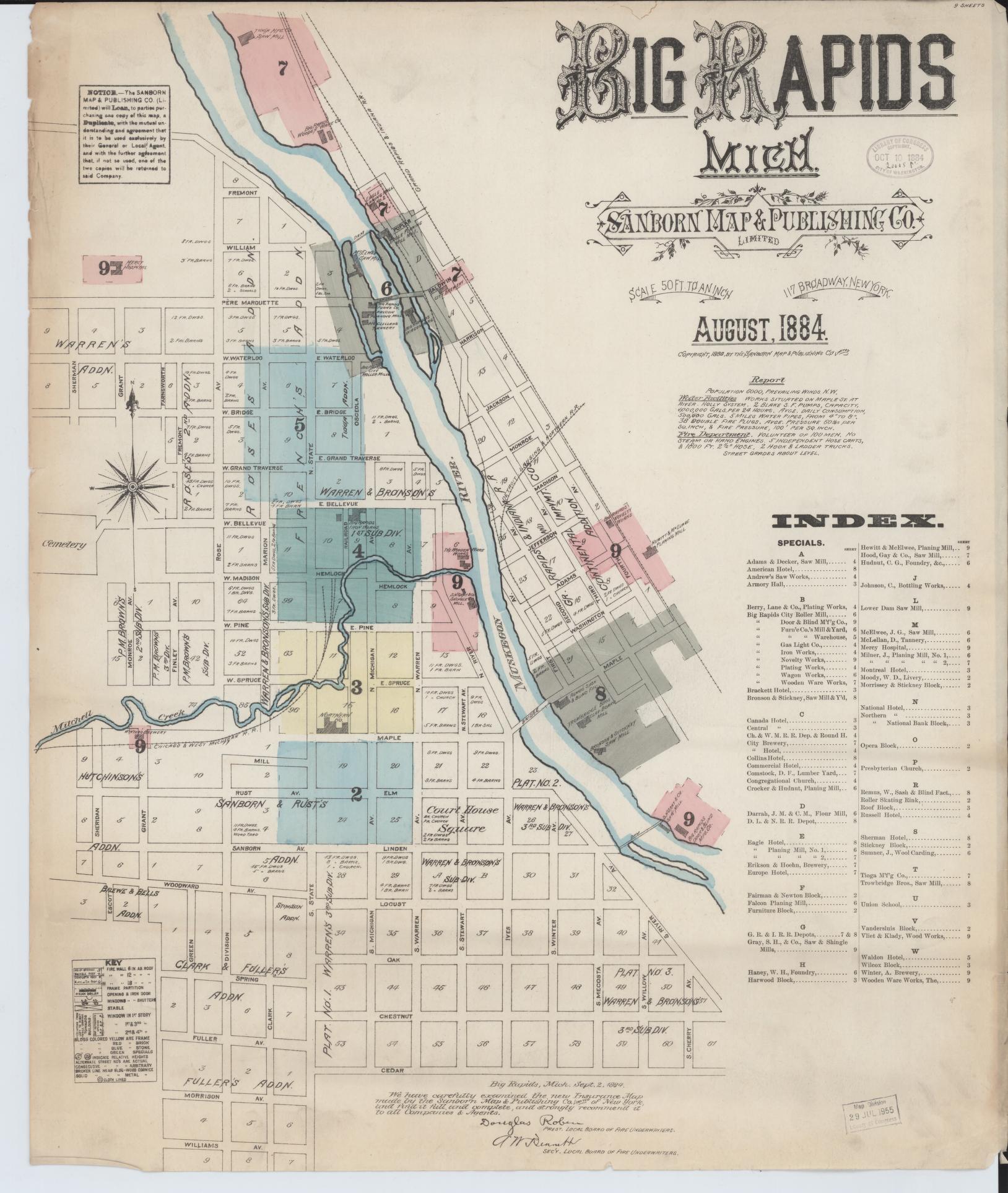 Sanborn Fire Insurance Map from Big Rapids, Mecosta County, Michigan (1884), Sheet #0001 - Complete Map Set gallery image, historic Sanborn map, vintage wall art, Michigan Michigan