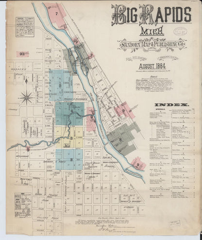 Sanborn Fire Insurance Map from Big Rapids, Mecosta County, Michigan (1884), Sheet #0001 - Complete Map Set gallery image, historic Sanborn map, vintage wall art, Michigan Michigan