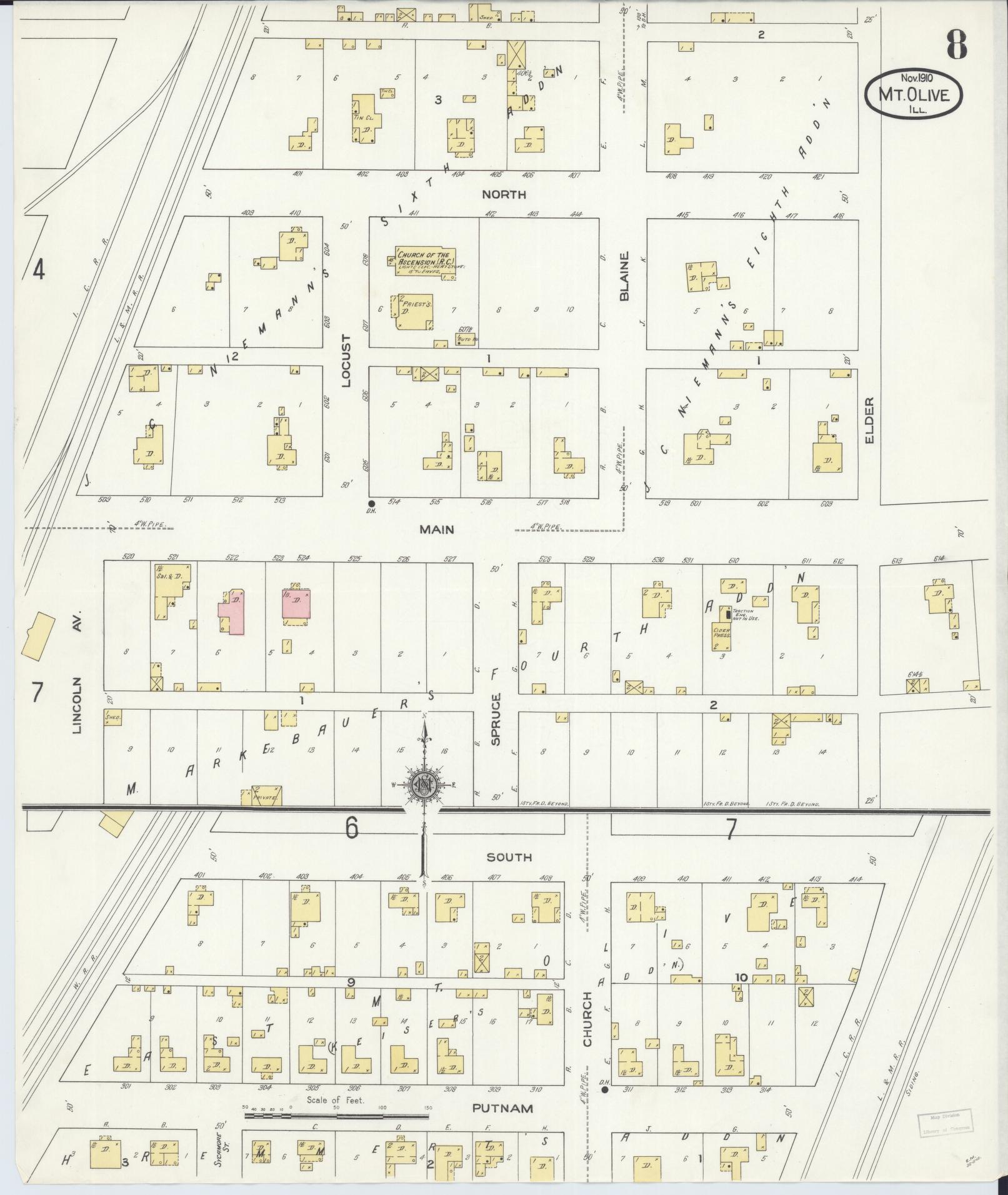 Sanborn Fire Insurance Map from Mount Olive, Macoupin County, Illinois (1910), Sheet #0008 - Complete Map Set gallery image, historic Sanborn map, vintage wall art, Illinois Illinois