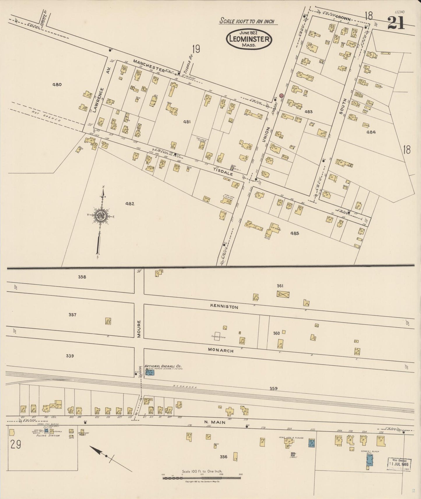 Sanborn Fire Insurance Map from Leominster, Worcester County, Massachusetts (1922), Sheet #0021 - Historic Sanborn Fire Insurance Map Print, vintage old map wall art, antique decor, genealogy gift, Massachusetts Massachusetts map