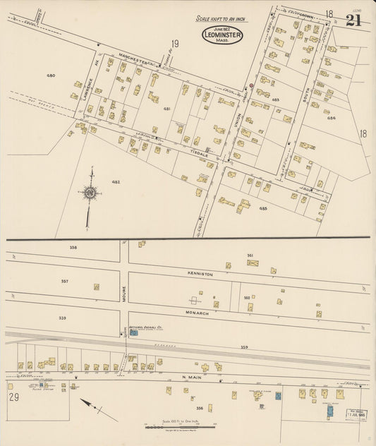 Sanborn Fire Insurance Map from Leominster, Worcester County, Massachusetts (1922), Sheet #0021 - Historic Sanborn Fire Insurance Map Print, vintage old map wall art, antique decor, genealogy gift, Massachusetts Massachusetts map