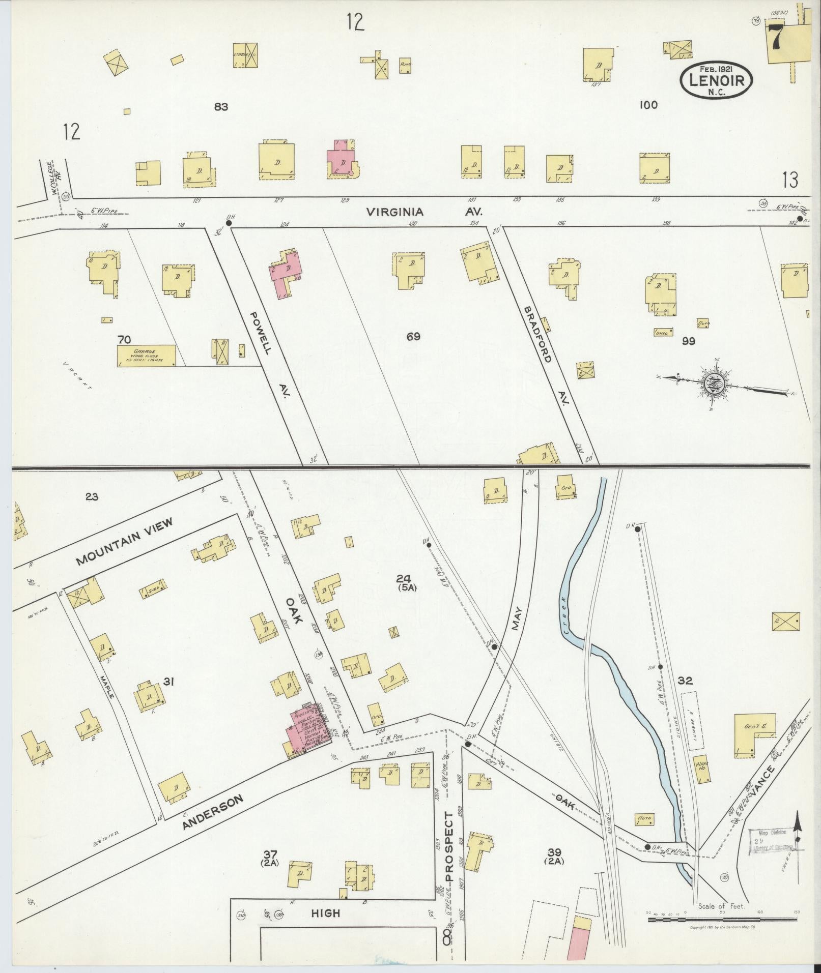 Sanborn Fire Insurance Map from Lenoir, Caldwell County, North Carolina (1921), Sheet #0007 - Complete Map Set gallery image, historic Sanborn map, vintage wall art, North Carolina North Carolina