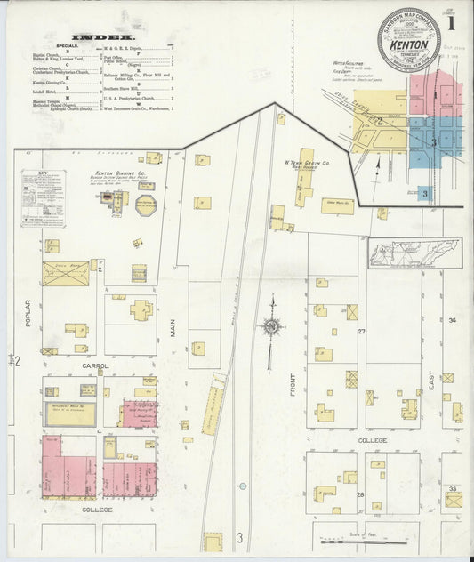 Sanborn Fire Insurance Map from Kenton, Obion And Gibson Counties, Tennessee (1912), Sheet #0001 - Complete Map Set gallery image, historic Sanborn map, vintage wall art, Tennessee Tennessee